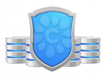 Databases group behind blue metal shield protected from unauthorized access, data privacy concept, 3d illustration icon isolated on white background for Data Protection Day