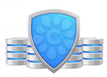 Data bases group behind blue metal shield protected from unauthorized access, data privacy concept, 3d illustration icon isolated on white background for Data Protection Day