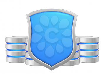 Databases group behind metal blue shield protected from unauthorized access, data protection concept, 3d illustration icon isolated on white background for Data Protection Day.