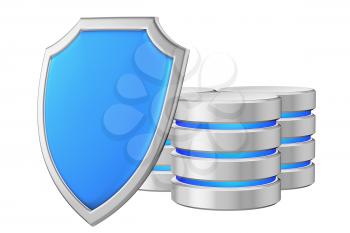 Data bases group behind metal blue shield on left protected from unauthorized access, data protection concept, 3d illustration icon isolated on white background for Data Protection Day