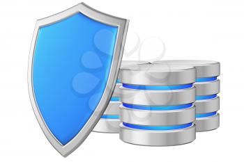 Databases group behind blue metal shield on left protected from unauthorized access, data protection concept, 3d illustration icon isolated on white background for Data Protection Day