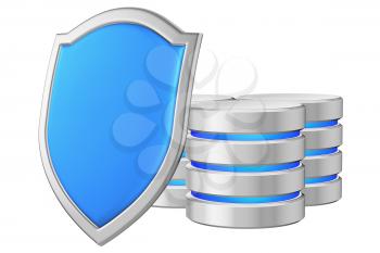 Data bases group behind blue metal shield on left protected from unauthorized access, data protection concept, 3d illustration icon isolated on white background for Data Protection Day