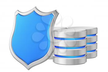 Data bases group behind metal blue shield on left protected from unauthorized access, data privacy concept, 3d illustration icon isolated on white background for Data Protection Day