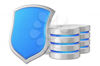 Databases group behind metal blue shield on left protected from unauthorized access, data protection concept, 3d illustration icon isolated on white background for Data Protection Day.