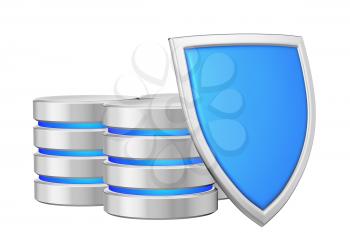 Databases group behind metal blue shield on right protected from unauthorized access, data protection concept, 3d illustration icon isolated on white background for Data Protection Day