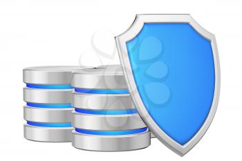 Data bases group behind metal blue shield on right protected from unauthorized access, data protection concept, 3d illustration icon isolated on white background for Data Protection Day