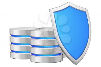 Databases group behind blue metal shield on right protected from unauthorized access, data protection concept, 3d illustration icon isolated on white background for Data Protection Day