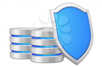 Data bases group behind blue metal shield on right protected from unauthorized access, data protection concept, 3d illustration icon isolated on white background for Data Protection Day