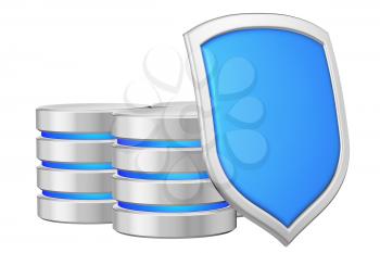 Databases group behind metal blue shield on right protected from unauthorized access, data privacy concept, 3d illustration icon isolated on white background for Data Protection Day