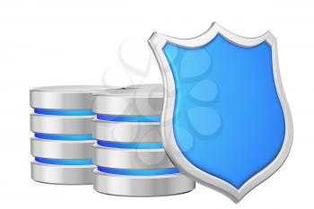 Data bases group behind metal blue shield on right protected from unauthorized access, data privacy concept, 3d illustration icon isolated on white background for Data Protection Day