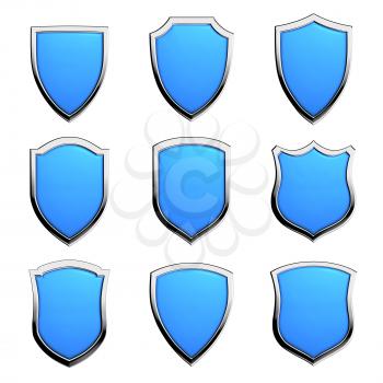 Protection, defense and security concept symbol: blue shields on isolated on white background set