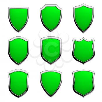 Protection, defense and security concept symbol: green shields on isolated on white background set