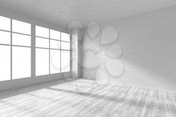 Empty room with white hardwood parquet floor, big window, walls with white textured wallpaper and sunlight from window, perspective view, 3d illustration