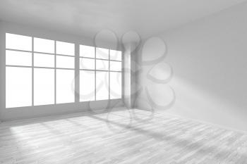 Empty white room with hardwood parquet floor, big window and walls with  textured wallpaper and sunlight from window, perspective view, 3d illustration