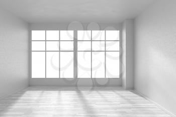 Empty room with white hardwood parquet floor, big window and walls with white textured wallpaper and sunlight from window, perspective view, 3d illustration