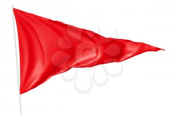 Red triangular flag on flagpole flying in the wind isolated on white, 3d illustration