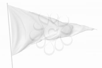 White triangular flag with flagpole flying in the wind isolated on white, 3d illustration