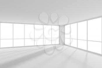 Empty white office business room with white floor, ceiling and walls and sunlight from large windows and empty space white colorless business architecture office room 3d illustration