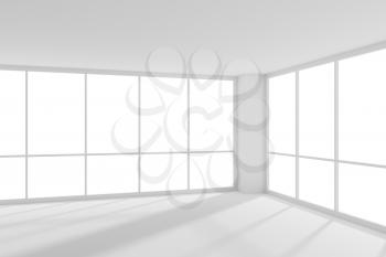 White empty office business room with white floor, ceiling and walls and sunlight from large windows and empty space white colorless business architecture office room 3d illustration