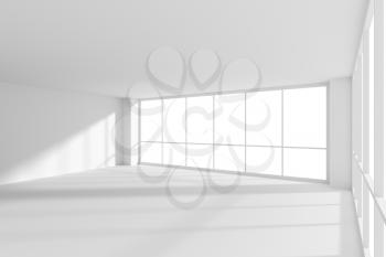 Empty white business office room with white floor, ceiling and walls and sun light from large windows and empty space white colorless business architecture office room 3d illustration