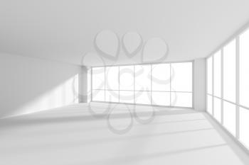White empty business office room with white floor, ceiling and walls and sun light from large windows and empty space white colorless business architecture office room 3d illustration