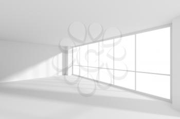 Empty white office business room with white floor, ceiling and walls and sun light from large windows and empty space white colorless business architecture office room 3d illustration