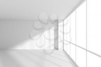 White empty office business room with white floor, ceiling and walls and sun light from large windows and empty space white colorless business architecture office room 3d illustration