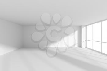 Empty white business office room with white floor, ceiling and walls and sunlight from large windows and empty space white business architecture colorless office room 3d illustration
