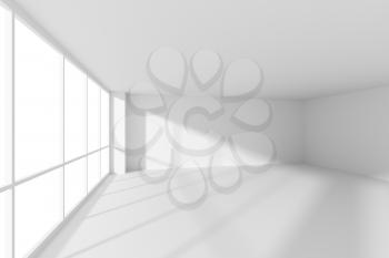 White empty business office room with white floor, ceiling and walls and sunlight from large windows and empty space white business architecture colorless office room 3d illustration