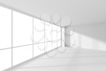 White empty office business room with white floor, ceiling and walls and sunlight from large windows and empty space white business architecture colorless office room 3d illustration