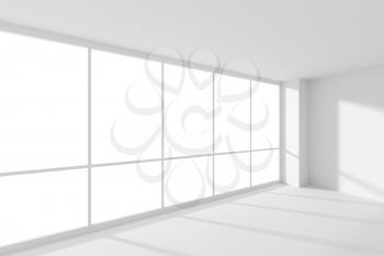 Empty white business office room with white floor, ceiling and walls and sun light from large windows and empty space white business architecture colorless office room 3d illustration