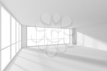 White empty business office room with white floor, ceiling and walls and sun light from large windows and empty space white business architecture colorless office room 3d illustration