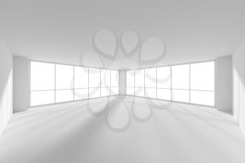 Empty white office business room with white floor, ceiling and walls and sun light from large windows and empty space white business architecture colorless office room 3d illustration