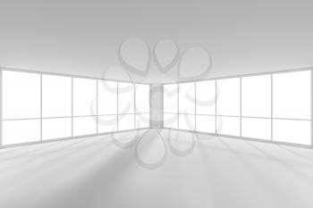 White empty office business room with white floor, ceiling and walls and sun light from large windows and empty space white business architecture colorless office room 3d illustration