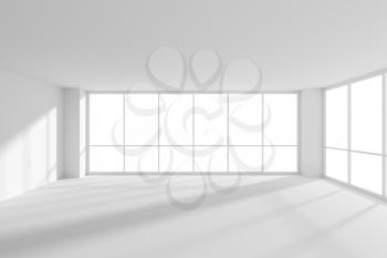 Empty white business office room with white floor, ceiling and walls and sunlight from large windows and empty space white colorless business architecture office room 3d illustration