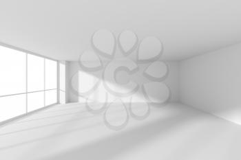 White empty business office room with white floor, ceiling and walls and sunlight from large windows and empty space, white colorless business architecture office room 3d illustration