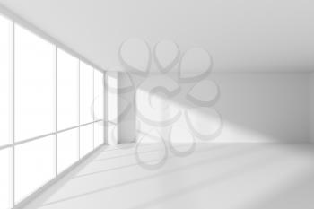 Empty white office business room with white floor, ceiling and walls and sunlight from large windows and empty space, white colorless business architecture office room 3d illustration