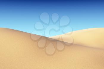 Smooth sand dunes under bright summer sunlight under clear blue sky, natural 3D illustration
