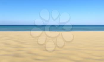 Summer sandy beach and sea concept abstract blur background - sand on tropical sandy beach under summer sunlight and clear blue sky and calm sea blurred 3D illustration