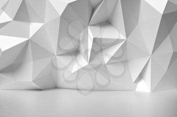 Abstract white room with wall with rumpled futuristic triangular geometric surface and parquet floor, colorless 3d illustration