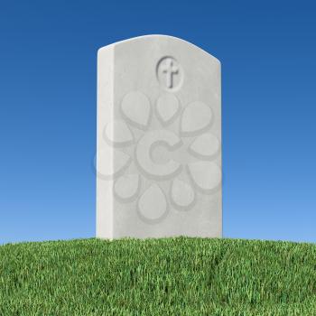 Gray blank gravestone on green grass on graveyard in memorial day under bright sunlight under clear blue sky 3D illustration