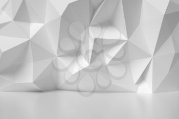 Abstract white room with wall with rumpled futuristic triangular geometric surface, colorless 3d illustration