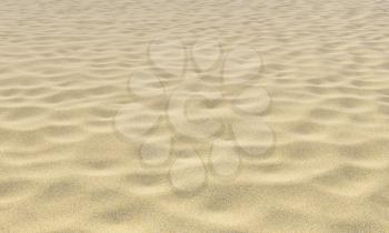 Yellow dry sand on the beach with bumps under bright summer sunlight close-up perspective view, nature 3D illustration background