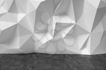 Abstract room with wooden black parquet floor and white wall with rumpled futuristic triangular geometric surface, colorless 3d illustration