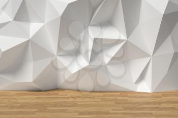 White room with abstract wall with rumpled futuristic triangular geometric surface and wooden parquet floor, 3d illustration