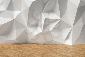 Abstract white room with wall with rumpled futuristic triangular geometric surface and wooden parquet floor, 3d illustration