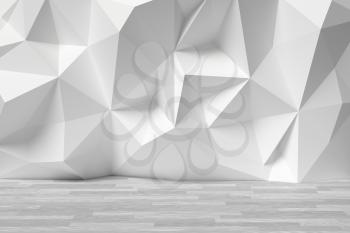Abstract room with white wall with rumpled futuristic triangular geometric surface and white wooden parquet floor, colorless 3d illustration