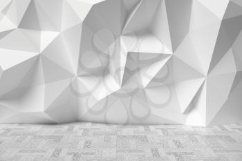 Abstract white room with wall with rumpled futuristic triangular geometric surface and white wooden parquet floor, colorless 3d illustration