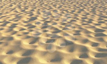 Brown dry sand on the beach with fossas under summer bright evening sun light closeup perspective view nature 3D illustration.