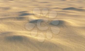 Brown dry sand on beach with bumps and waves under summer bright evening sunlight closeup perspective view, nature 3D illustration
